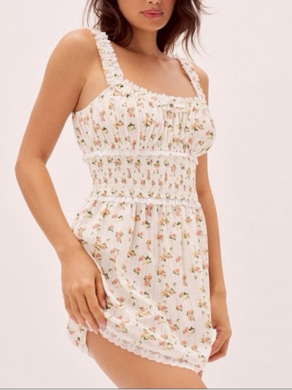 For Love and Lemons | Lola Pointelle Dainty White Floral Smocked Mini Dress
